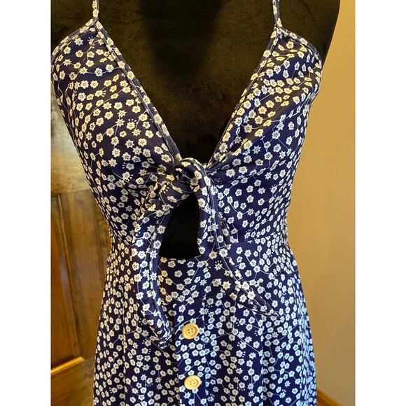 Summer Dress Navy Blue Size Large Spagetti Strap Keyhole  Front Smocking Boho - Picture 2 of 12